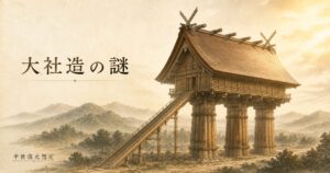 ivory washi 背景に painterly な古代出雲大社巨大本殿（中世16丈復元想定）の俯瞰構図、曲線切妻屋根・千木鰹木・3本組巨大柱の床下・長い登廊、タイトル「大社造の謎」を左上に横一行で配したアイキャッチ画像