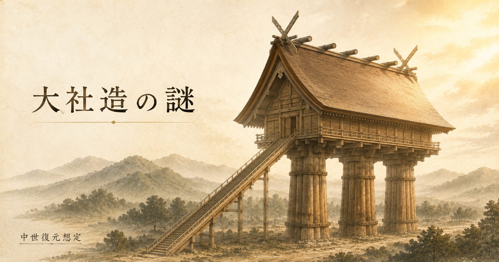 ivory washi 背景に painterly な古代出雲大社巨大本殿（中世16丈復元想定）の俯瞰構図、曲線切妻屋根・千木鰹木・3本組巨大柱の床下・長い登廊、タイトル「大社造の謎」を左上に横一行で配したアイキャッチ画像