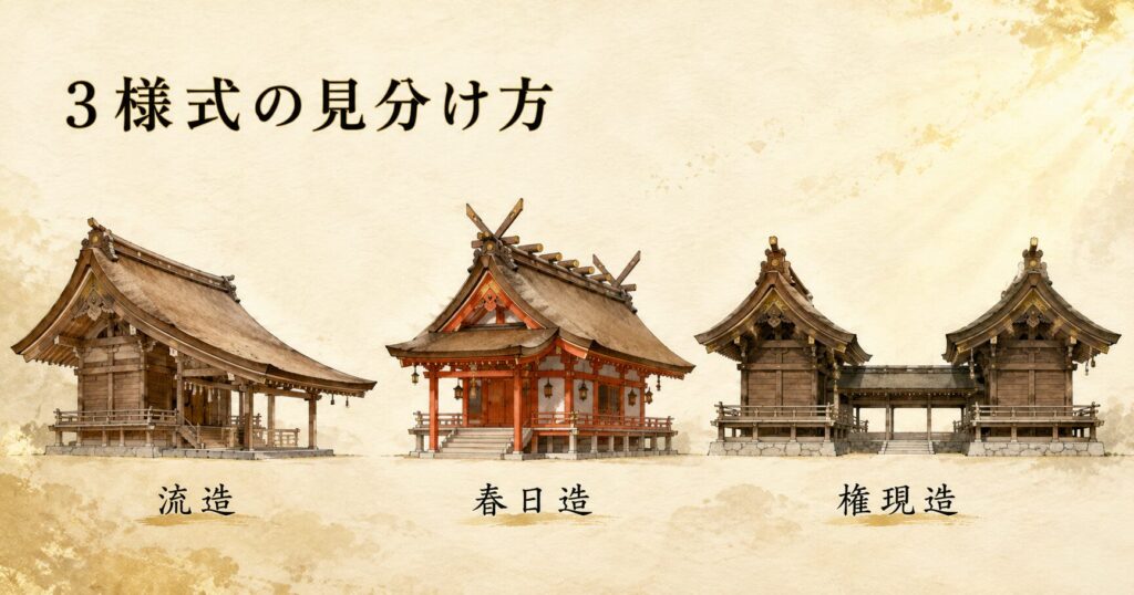 ivory washi 背景に painterly な3様式の屋根アイコン三連構図、左から流造（非対称曲線屋根）・春日造（朱塗り妻入）・権現造（工字形）、タイトル「3様式の見分け方」を左上に横一行で配したアイキャッチ画像