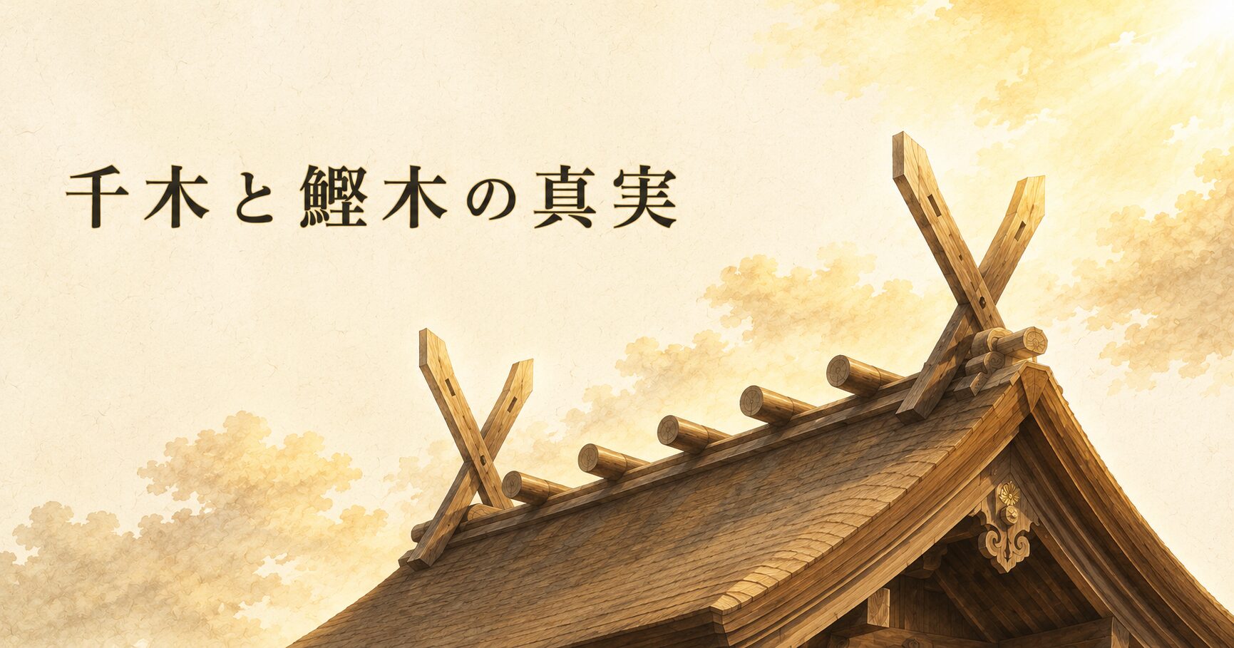 ivory washi 背景に painterly な古社の屋根を見上げる構図、屋根頂部から空に伸びる千木と棟に並ぶ鰹木、朝の柔らかな光、タイトル「千木と鰹木の真実」を左上に横一行で配したアイキャッチ画像