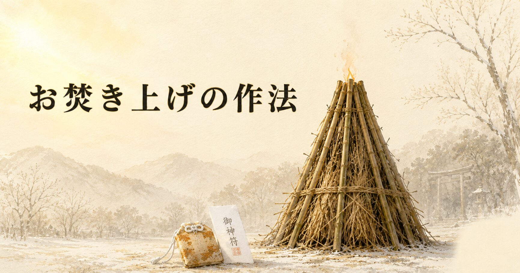 ivory washi 背景に painterly などんど焼きの円錐形焚き火台と控えめな muted orange の炎、手前にお守り1点と古札1枚、冬の早朝の光、タイトル「お焚き上げの作法」を左上に横一行で配したアイキャッチ画像