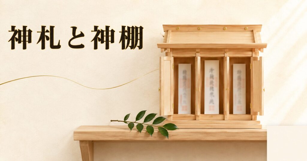 ivory washi 背景に painterly な3枚の神札（神宮大麻・氏神・崇敬）が縦並びで配置され、背景に簡素な三社造り宮形のシルエット、手前に1本の榊の枝、上部左寄りに横書きタイトル「神札と神棚」を mincho 太字で配したアイキャッチ画像