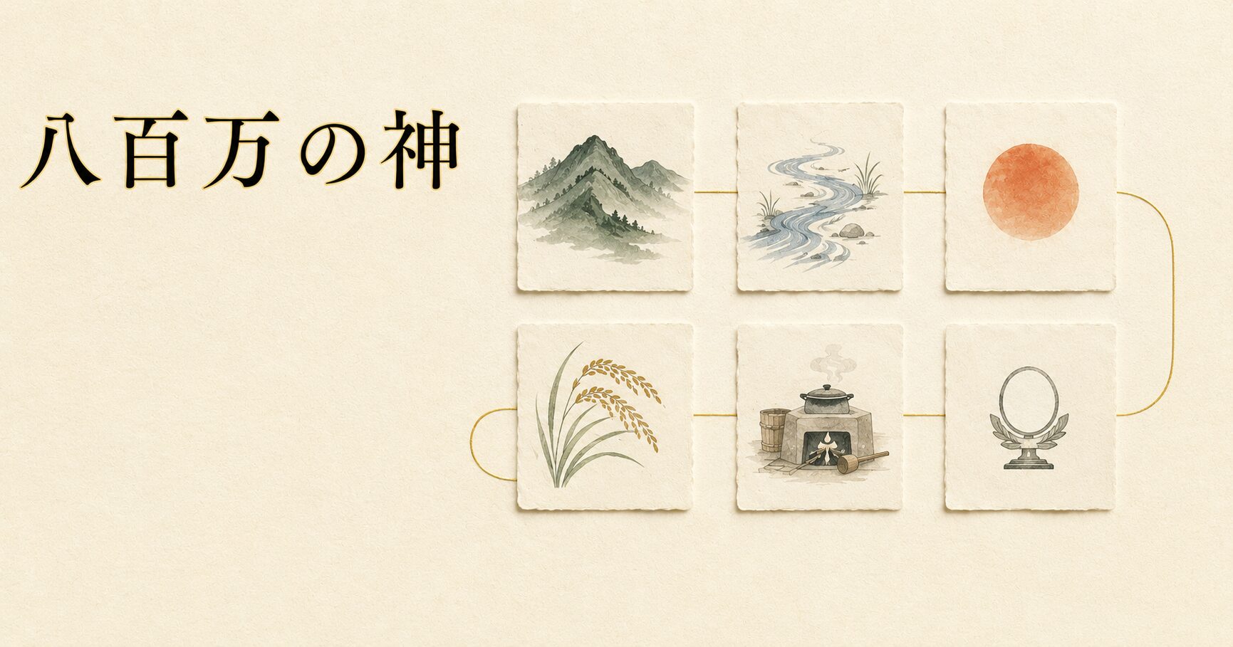 ivory washi 背景に painterly な6つの神聖シンボル（山の絵札・川の流れ・太陽の円・稲穂・かまど・神鏡）が3×2のグリッドで配置され、それぞれを淡い金線でつないだ静物、左上に横書きタイトル「八百万の神」を mincho 太字で配したアイキャッチ画像。あらゆるものに神が宿る多神信仰を象徴