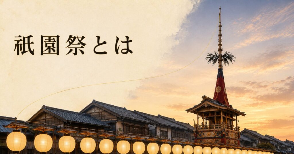ivory washi 背景に painterly な祇園祭の夕景、画面中央に 1 基の鉾（長刀鉾の真木が天に伸びるシルエット）、その手前に円い駒形提灯が連なって金色に灯る、奥に京町家の屋根並み、夕焼けの空に淡い金とほんのり朱色、左上に横書きタイトル「祇園祭とは」を mincho 太字で配したアイキャッチ画像。山鉾と提灯の組み合わせで祭礼の象徴を凝縮