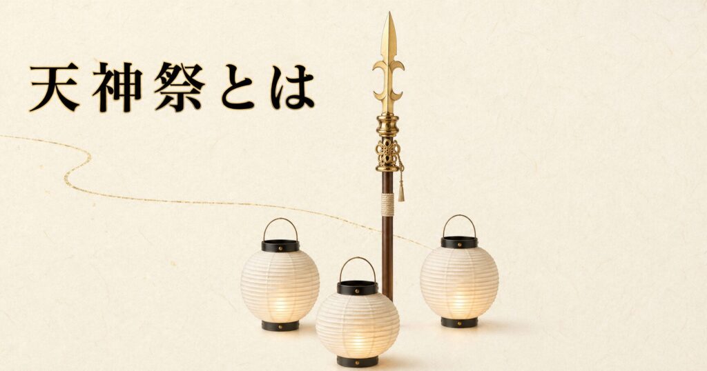 ivory washi 背景に painterly な天神祭の象徴的構成、画面中央に金色の装飾を持つ細長い神鉾(しんぼこ)1 本が垂直に立ち、その手前と両脇に白い丸い駒形提灯が 3 つ控えめに灯る、左上に横書きタイトル「天神祭とは」を mincho 太字で配したアイキャッチ画像。神鉾と提灯の組み合わせで鉾流神事(951 年起源)と夏の天神祭を象徴