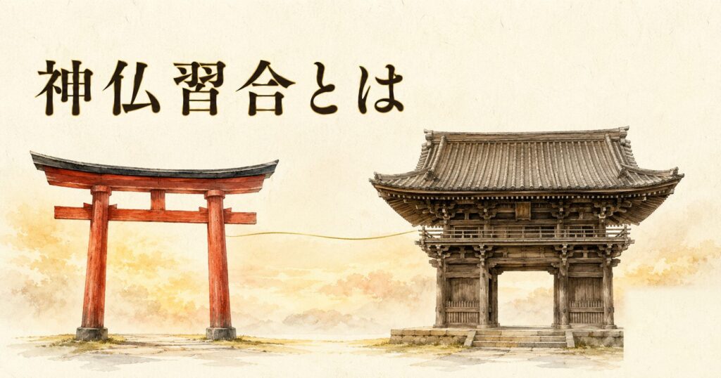 神社の朱色鳥居と寺院の木造山門が左右に並ぶ ivory washi 背景の遠景画像。神道と仏教が融合した日本の宗教史『神仏習合』のアイキャッチ