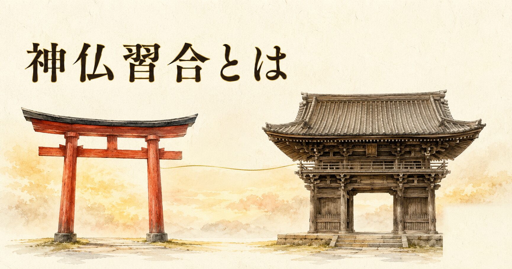 神社の朱色鳥居と寺院の木造山門が左右に並ぶ ivory washi 背景の遠景画像。神道と仏教が融合した日本の宗教史『神仏習合』のアイキャッチ