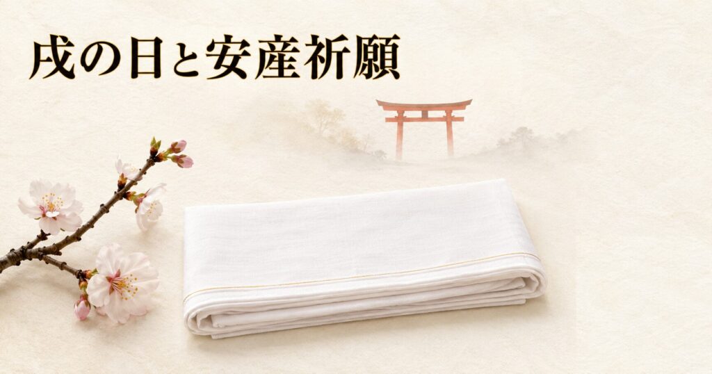 ivory washi 背景に painterly な折りたたまれた白いさらしの岩田帯と奥の朱色鳥居シルエット、左下に桜の小枝。安産祈願の伝統行事である戌の日参りを象徴するアイキャッチ画像