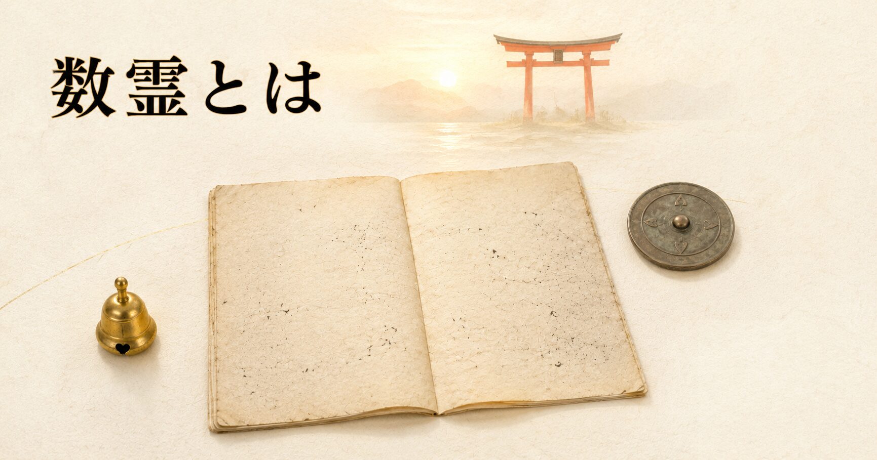 ivory washi 背景に painterly な古事記伝風の和綴じ古書、青銅鏡、金色の鈴、奥に朱色鳥居シルエット。神話・古典・神具を組み合わせた数の象徴の世界観のアイキャッチ画像