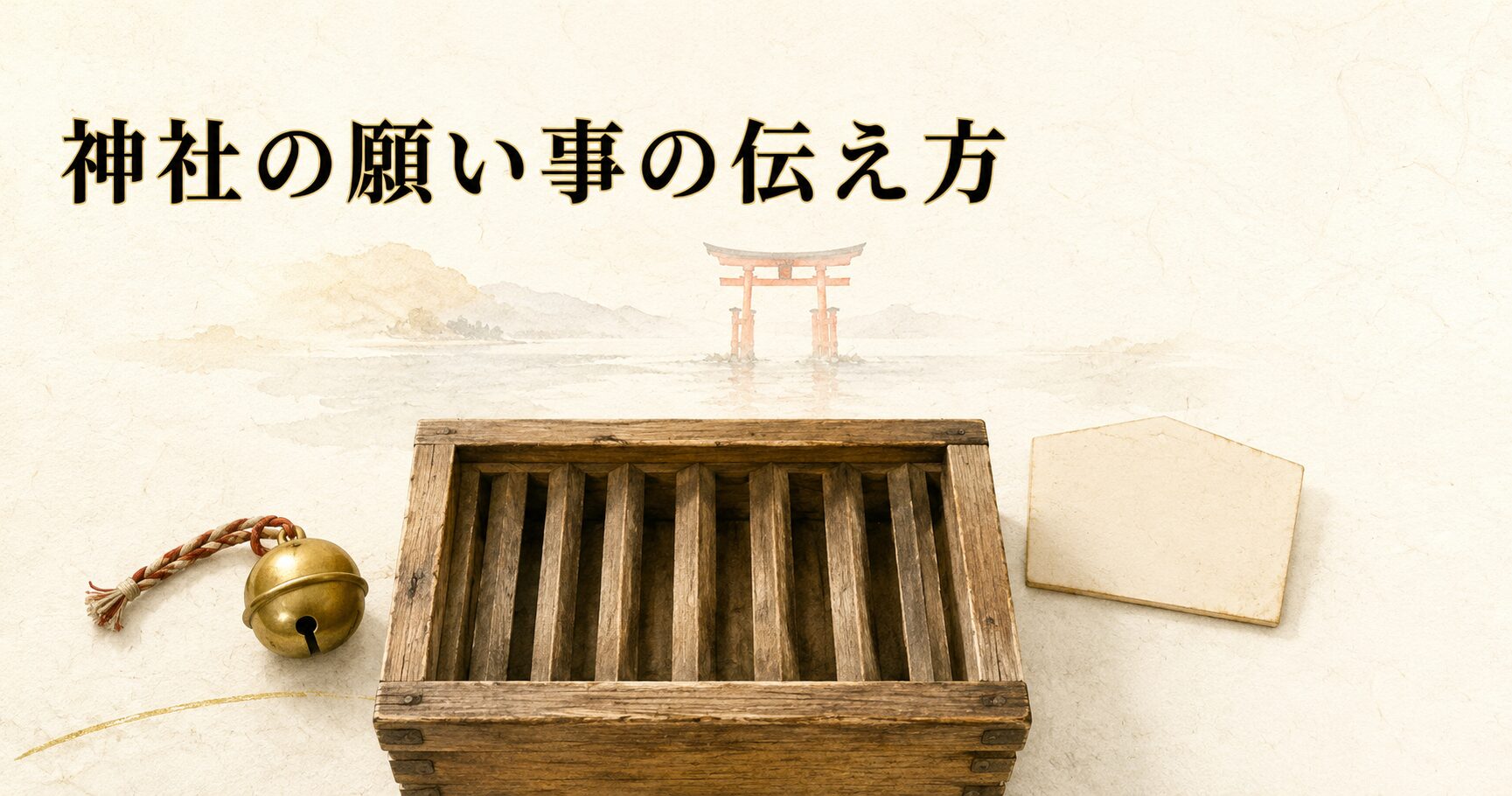 ivory washi 背景に painterly な木製の賽銭箱、金色の鈴、絵馬風の小札、奥に朱色鳥居シルエット。神社で願い事を伝える参拝の場の世界観のアイキャッチ画像