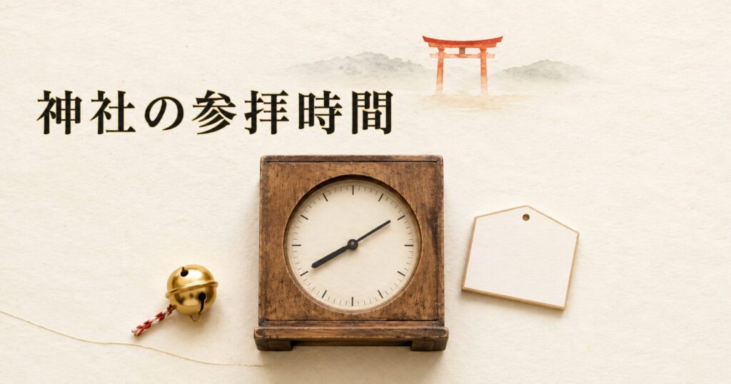 ivory washi 背景に painterly な木製の和時計、金色の鈴、絵馬風の小札、奥に朱色鳥居シルエット。神社の参拝時間と参拝の場の世界観のアイキャッチ画像