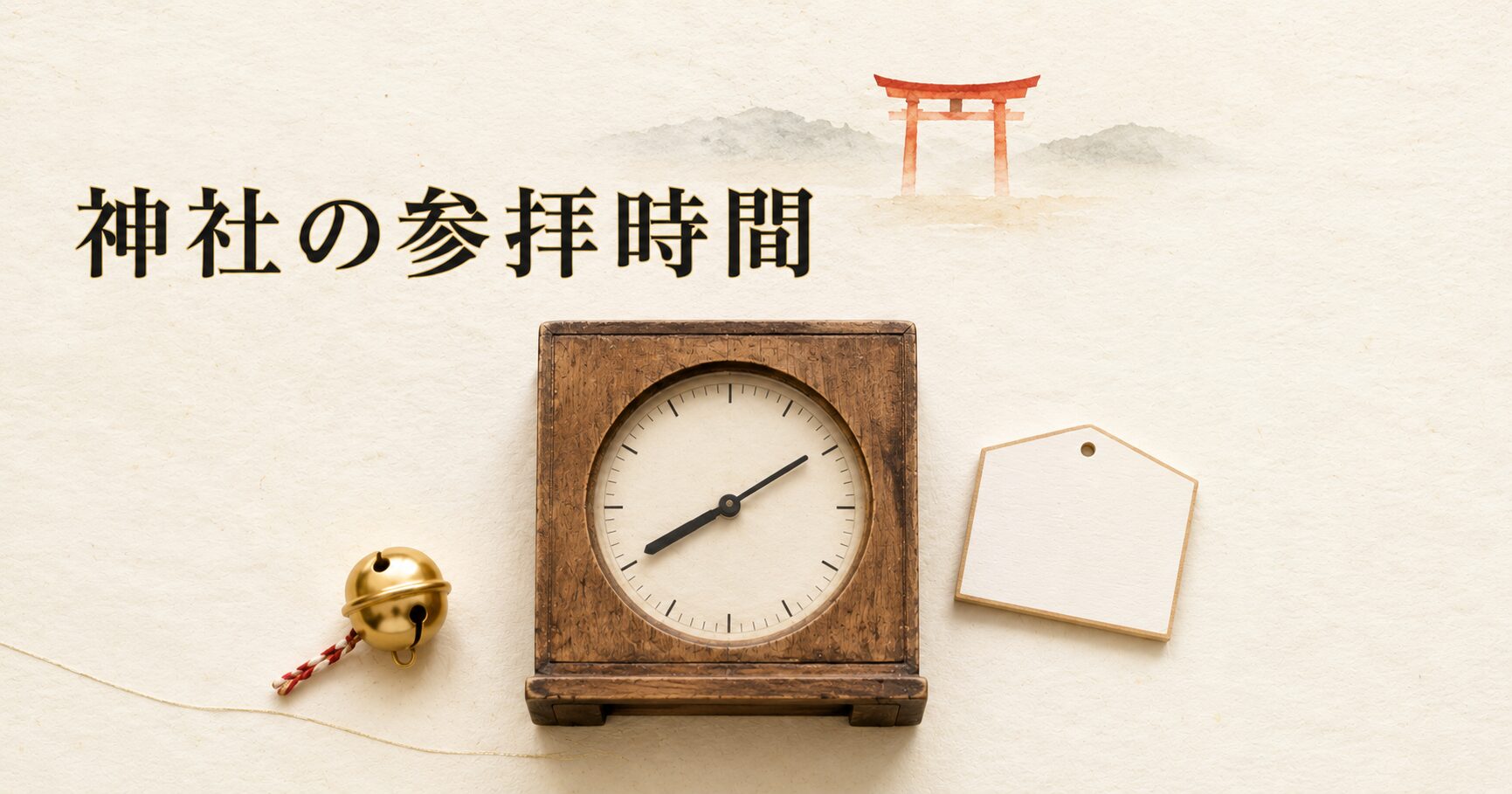 ivory washi 背景に painterly な木製の和時計、金色の鈴、絵馬風の小札、奥に朱色鳥居シルエット。神社の参拝時間と参拝の場の世界観のアイキャッチ画像