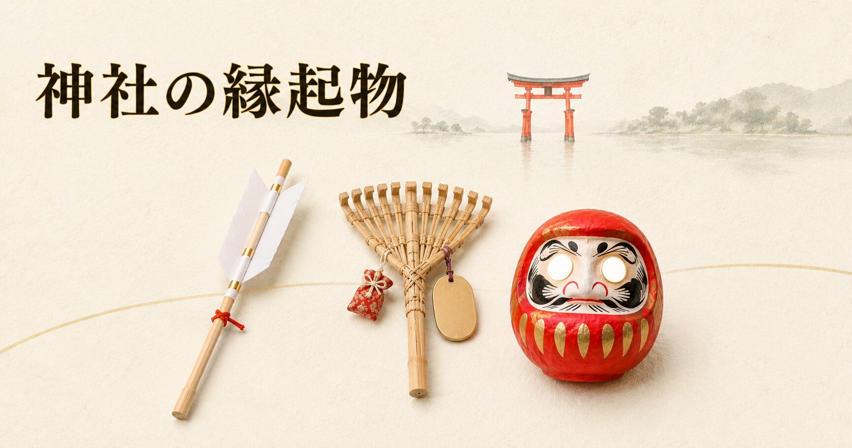 ivory washi 背景に painterly な木製の破魔矢、竹製の小ぶりな熊手、赤いだるま 3 種の縁起物と奥に朱色鳥居シルエット。神社の縁起物のアイキャッチ画像