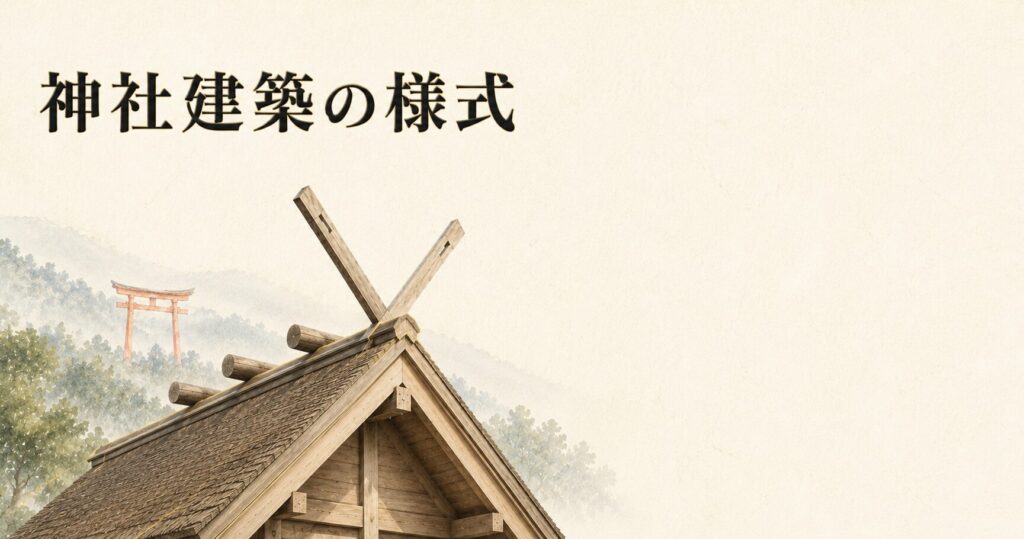 ivory washi 背景に painterly な神社本殿の切妻造屋根(千木と鰹木)と奥に朱色鳥居シルエット。神社建築の様式のアイキャッチ画像
