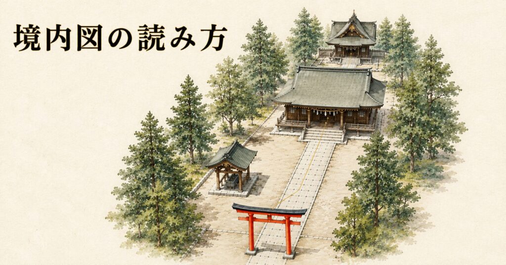 ivory washi 背景に painterly な神社境内俯瞰。手前に朱色鳥居、参道、手水舎、拝殿、最奥に本殿の屋根、両側の鎮守の森。神社境内図の読み方のアイキャッチ画像