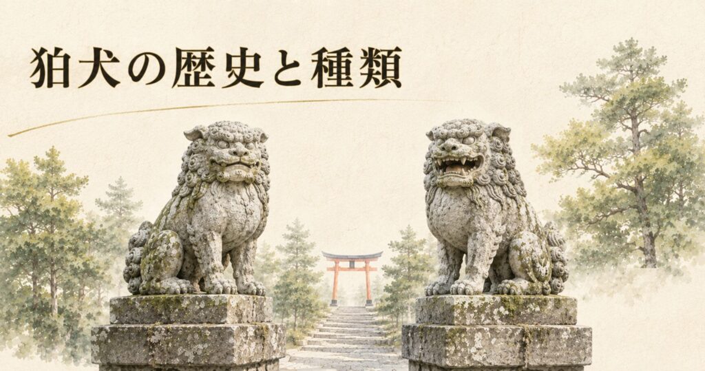 ivory washi 背景に painterly な構図。中央に石製の阿吽狛犬一対、奥に朱色鳥居シルエット、両側の鎮守の森。狛犬の歴史と種類のアイキャッチ画像