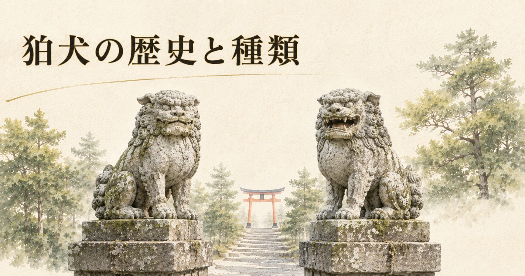 ivory washi 背景に painterly な構図。中央に石製の阿吽狛犬一対、奥に朱色鳥居シルエット、両側の鎮守の森。狛犬の歴史と種類のアイキャッチ画像