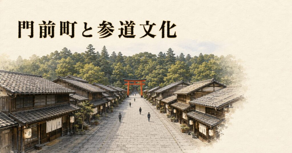 ivory washi 背景に painterly な門前町俯瞰。奥に朱色鳥居、手前に伸びる石畳参道、両側に町家・茶屋が連なり、鎮守の森を背景にした町並み。門前町と参道文化のアイキャッチ画像