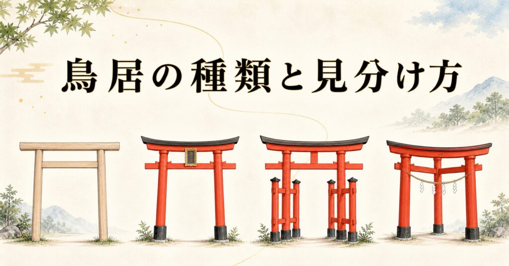 朱と白木の鳥居が複数並ぶ静謐な構図、生成り washi 背景にタイトル「鳥居の種類と見分け方」を配したアイキャッチ画像