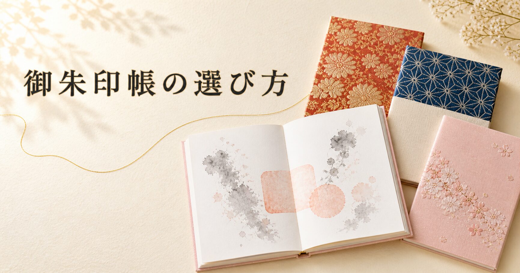 様々な表紙デザインの御朱印帳が静かに並ぶ構図、生成り washi 背景にタイトル「御朱印帳の選び方」を配したアイキャッチ画像