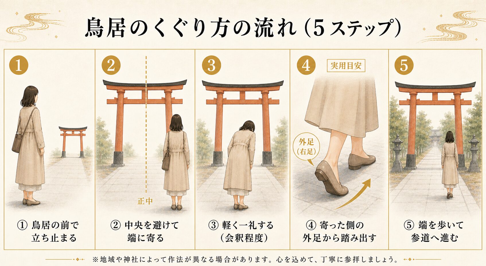 鳥居のくぐり方の5ステップ（立ち止まる・端に寄る・一礼・外足から踏み出す・端を歩く）を横並び5パネルで段階的に示す動作フロー図解