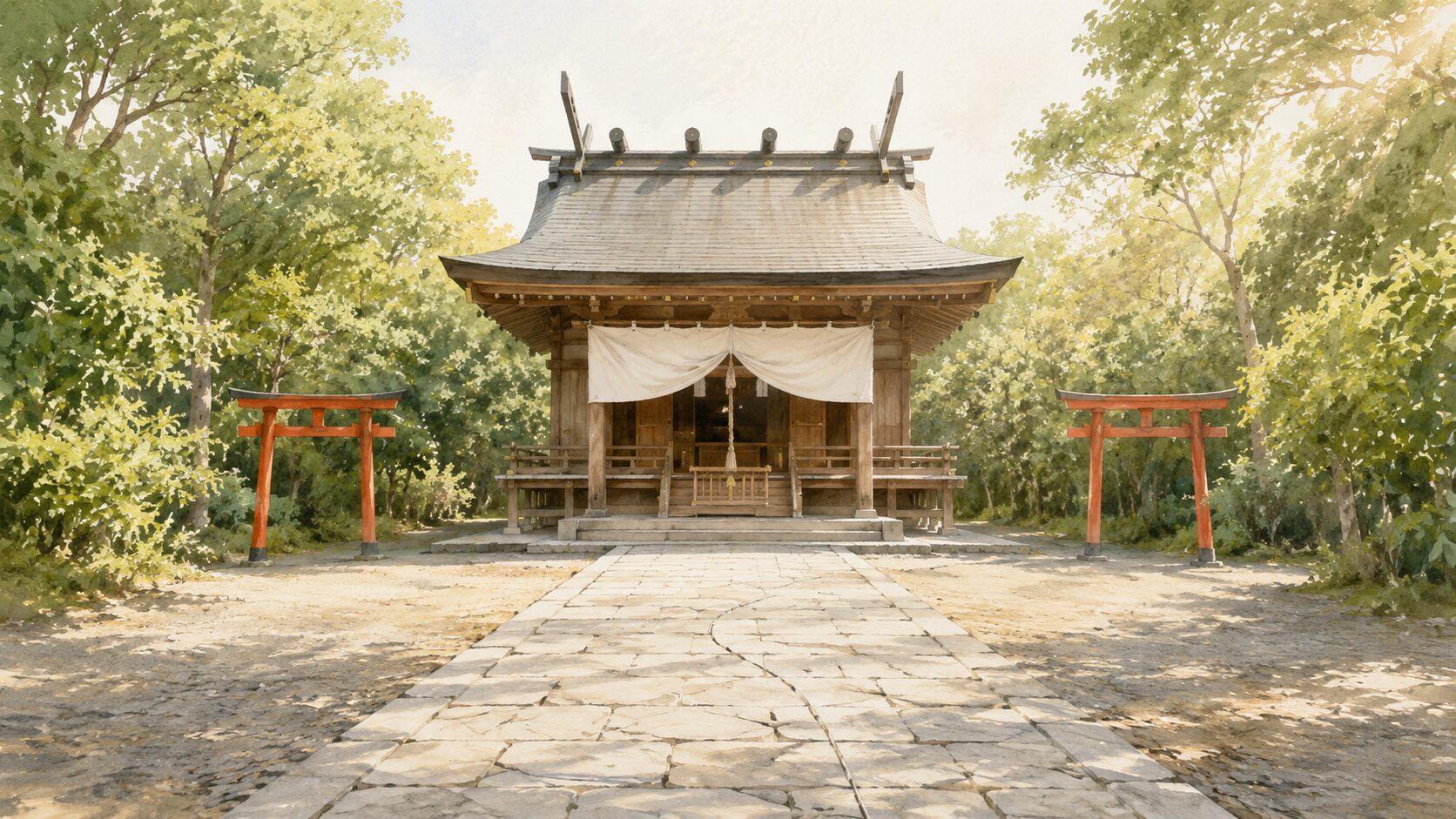 ivory washi 背景に painterly な神社拝殿の正面遠景。手前の石畳の参道、両側の鎮守の森、奥に拝殿。願いを伝える参拝の場の基本構図を象徴