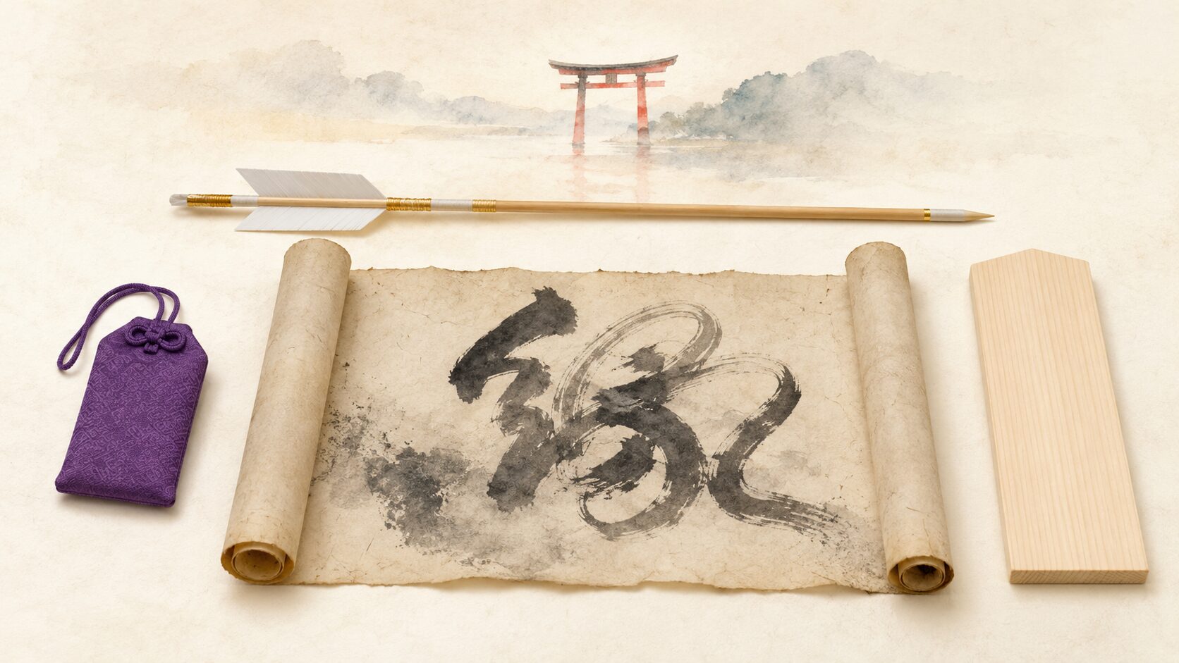 ivory washi 背景に painterly な俯瞰画像。中央に古い和紙の巻物と『縁』の墨の筆跡、左にお守り、右に御札風の板、上方に小さな破魔矢、上空に朱色鳥居遠景。お守り・お札・縁起物の関係性を象徴