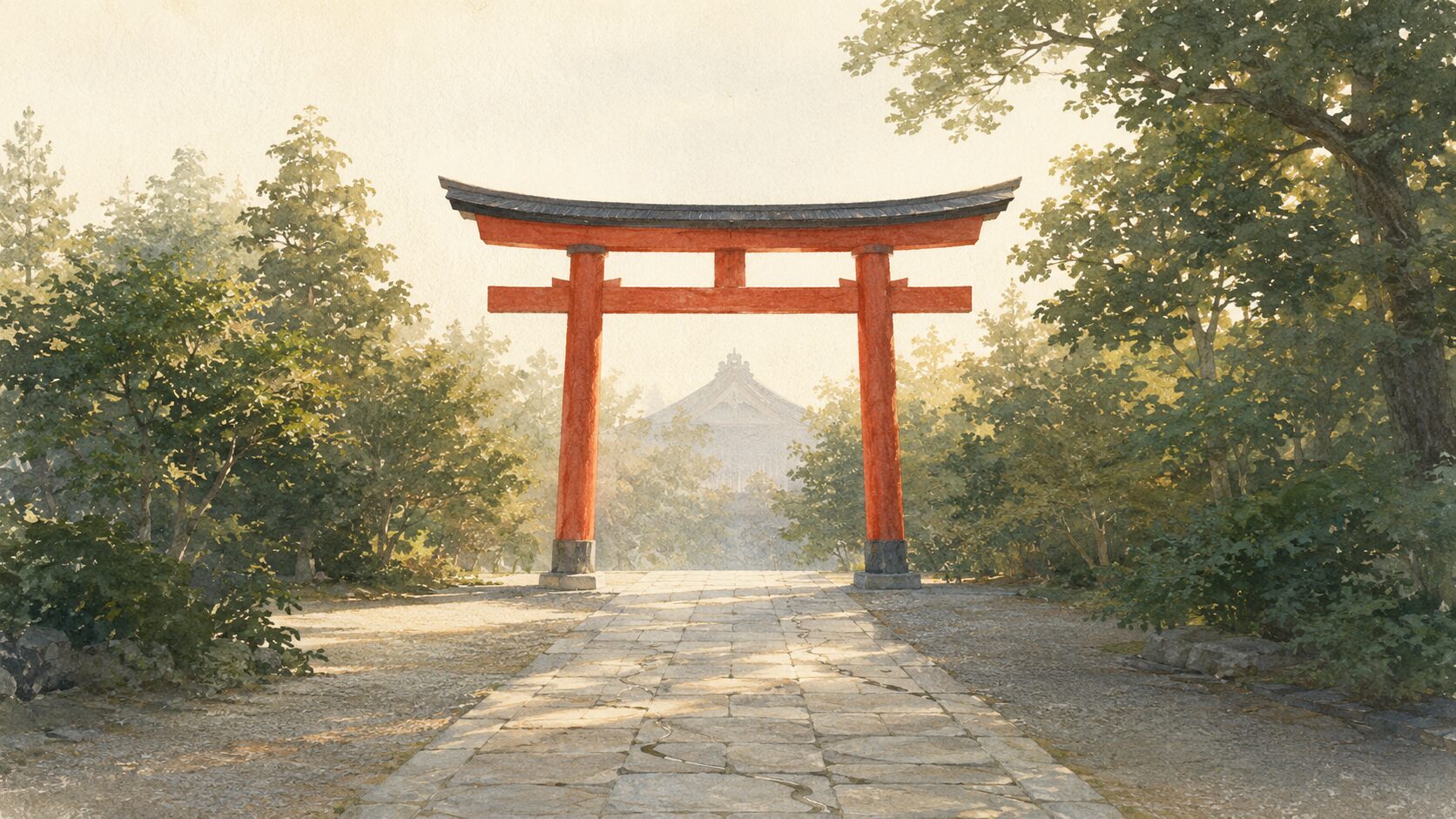 ivory washi 背景に painterly な神社の朱色鳥居の正面遠景。手前の石畳参道、両側の鎮守の森、奥に拝殿の屋根シルエット、早朝の淡い金色の光。神社の門の前の静けさを象徴