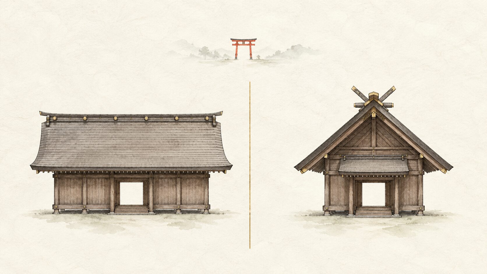 ivory washi 背景に painterly な横並び 2 領域の対比図解。左に平入の屋根(長辺側に入口)、右に妻入の屋根(妻側の三角破風に入口)、上空に朱色鳥居遠景。平入と妻入の見分け軸を象徴