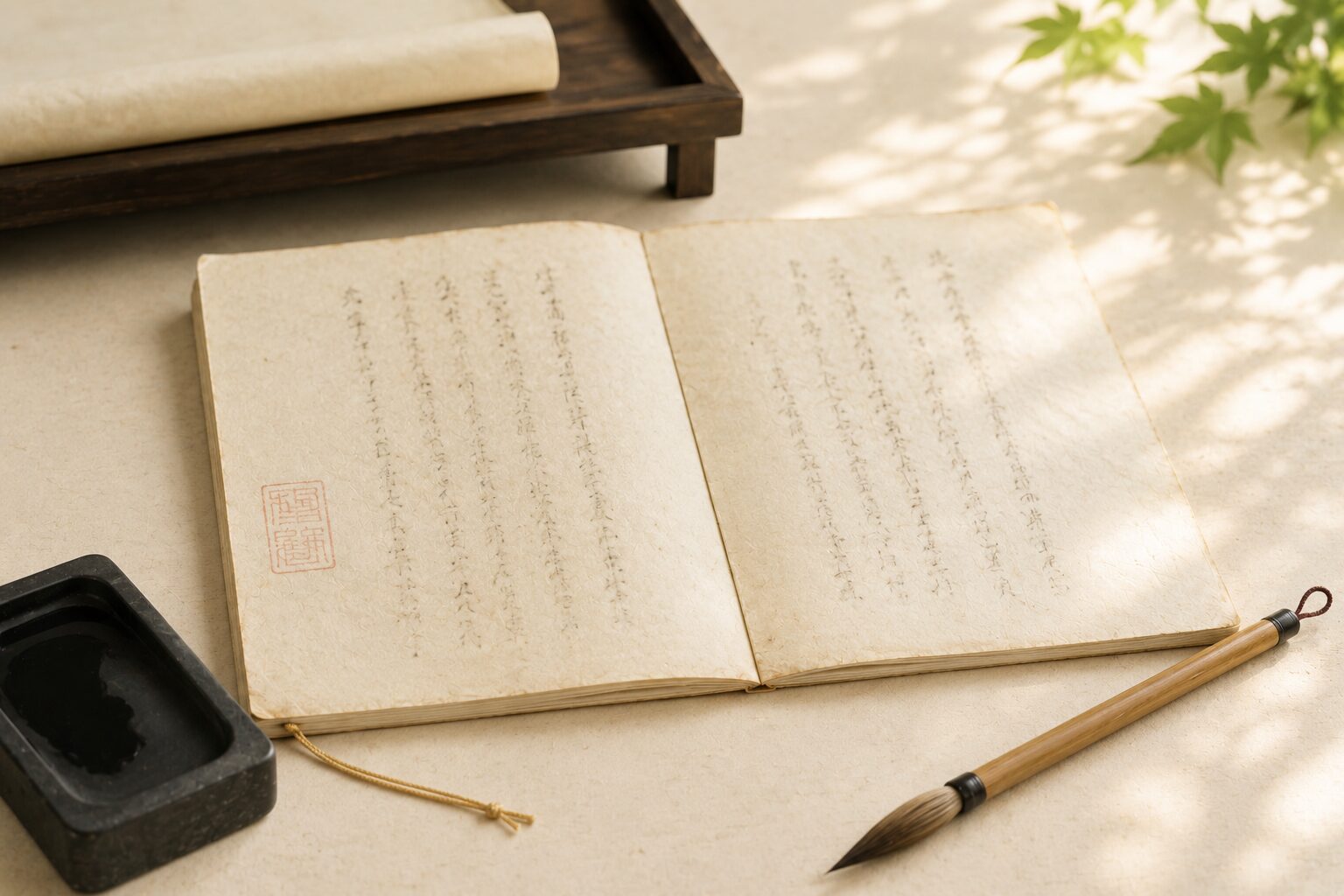 ivory washi 背景に painterly な古い納経帳(墨書がうっすら見える)が画面中央に1冊置かれ、その手前右に1本の墨筆、左に1個の硯、奥に簡素な経机のシルエット。平安〜室町期の納経奉納の場面を象徴する静物
