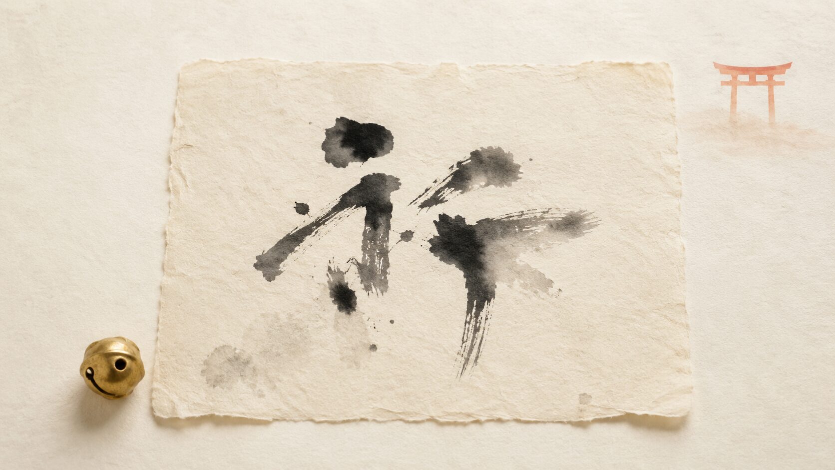 ivory washi 背景に painterly な俯瞰画像。中央に古い和紙と「祈」を象徴する墨の筆跡、左下に金色の鈴、右上に朱色鳥居遠景。神道の祈りの概念を象徴