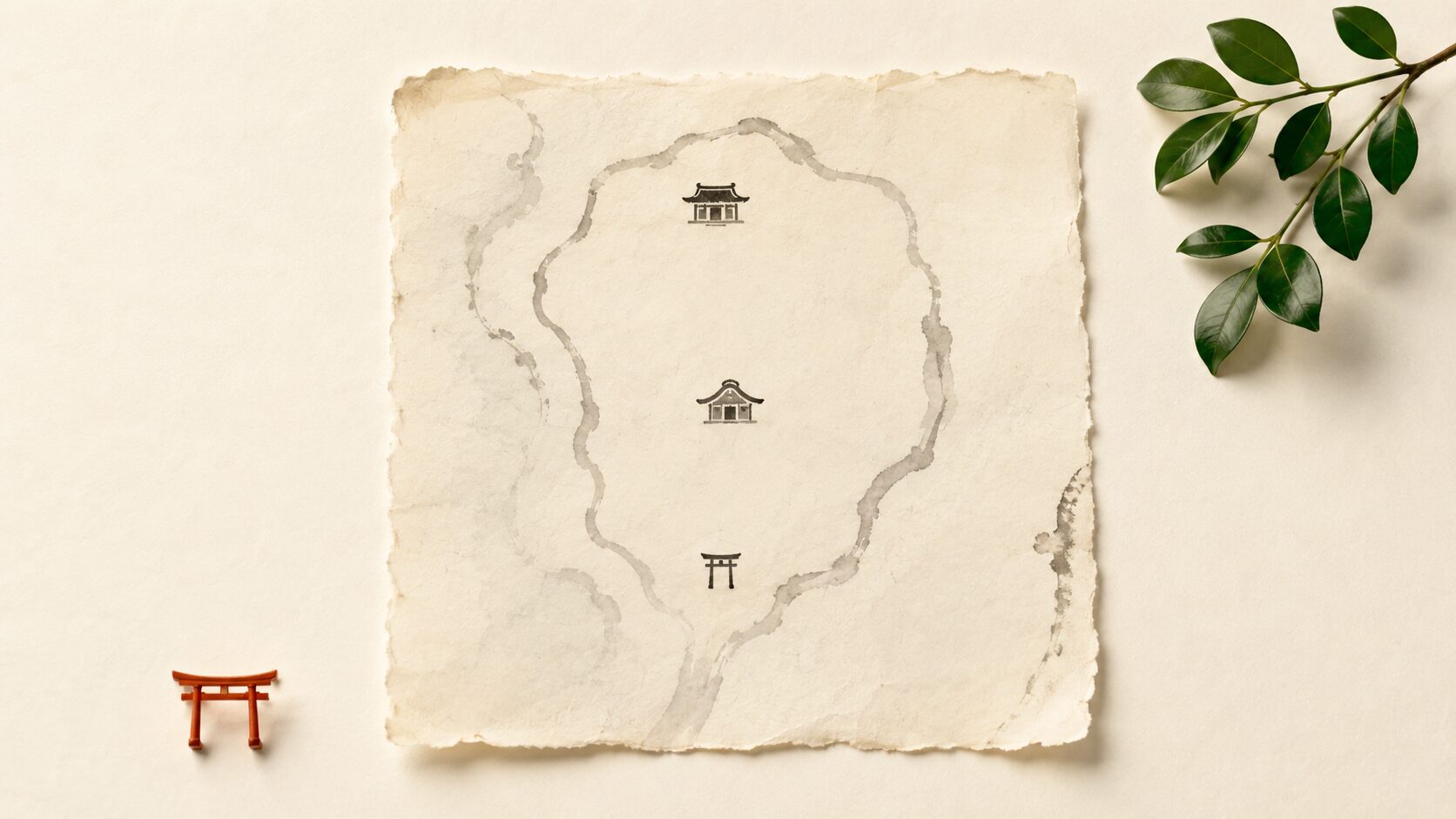 ivory washi 背景に painterly な俯瞰画像。中央に古い和紙の境内図、左下に朱色鳥居遠景、右上に常緑の小枝。神社の境内という概念を象徴
