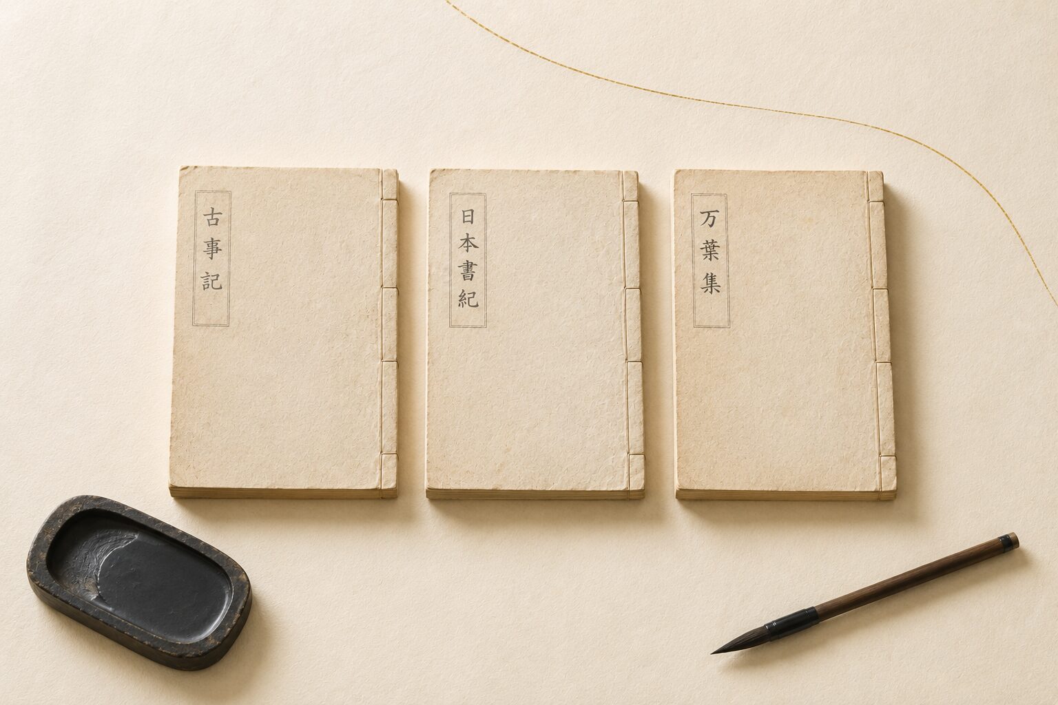 ivory washi 背景に painterly な古い 3 冊の書物（古事記・日本書紀・万葉集）が中央に俯瞰で並び、それぞれの表紙に書名がうっすら見える、手前右に 1 本の墨筆、左に 1 個の硯。「八」や「八百万」が古代日本語で多数を表す用法を象徴する静物