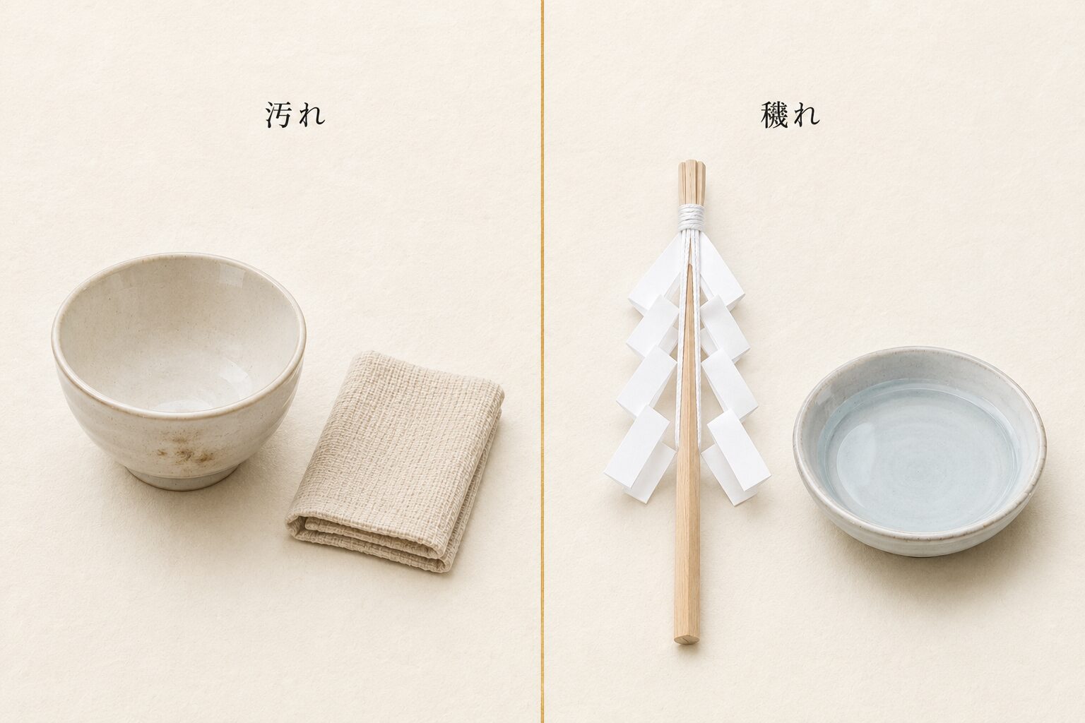 ivory washi 背景に painterly な 2 区画分割静物が配置、左半分に日常の「汚れ」を象徴する陶器の器 1 個と布巾 1 枚、右半分に「穢れ」を象徴する白い御幣 1 本と清水を張った小ぶりの水盤 1 個、中央に細い金の縦線で領域分け、上部に小さな日本語ラベル「汚れ」「穢れ」。日常と祭祀における不浄観の違いを象徴する静物