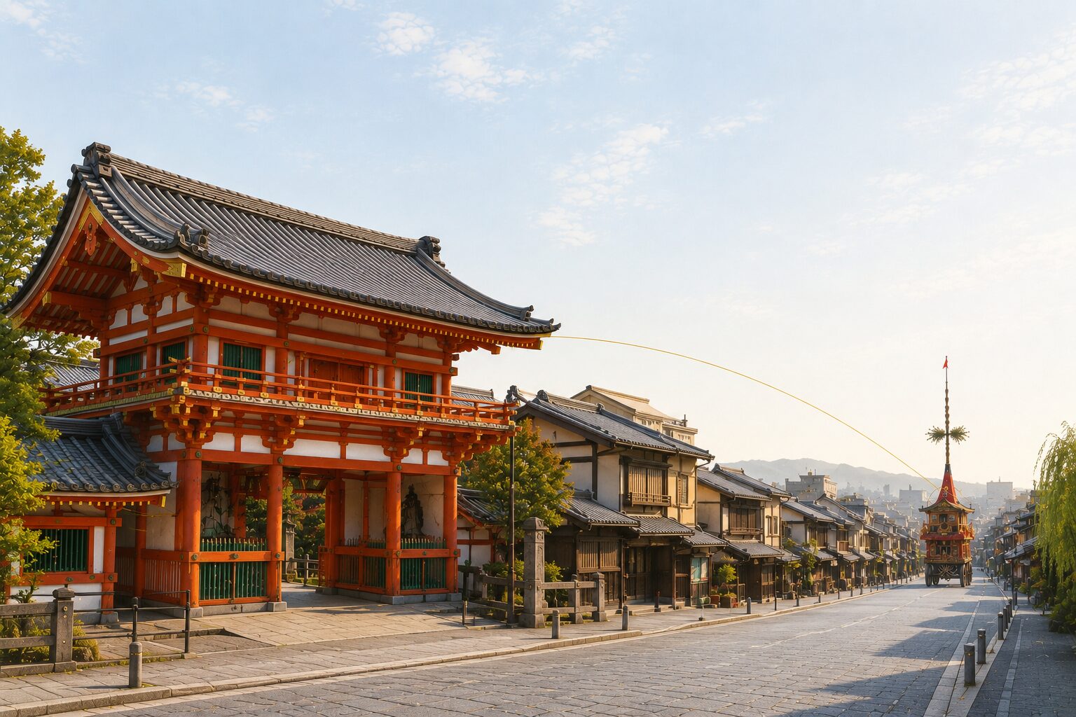 ivory washi 背景に painterly な京都の遠景、画面左に八坂神社の朱色の西楼門 1 棟、画面右奥に山鉾 1 基（真木が空に伸びる）が小さく見える、両者を細い金線でゆるやかに結ぶ、空に淡い夏の青。八坂神社と祇園祭の象徴的な関係を一望する構図