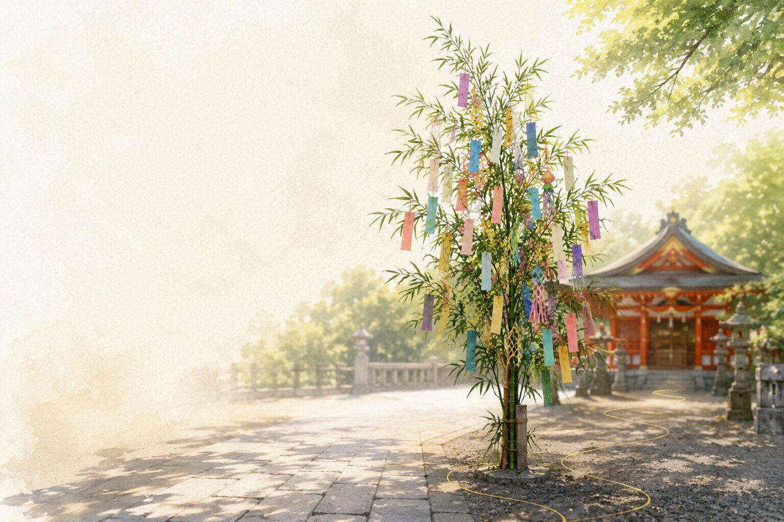 ivory washi 背景に painterly な神社境内の風景、画面中央に立てられた笹竹 1 本に色とりどりの短冊が多数結ばれて風に揺れる、画面奥にぼんやりと本殿 1 棟のシルエット、画面手前に石畳の参道、夏の柔らかな朝光。神社で営まれる七夕神事の象徴的な情景