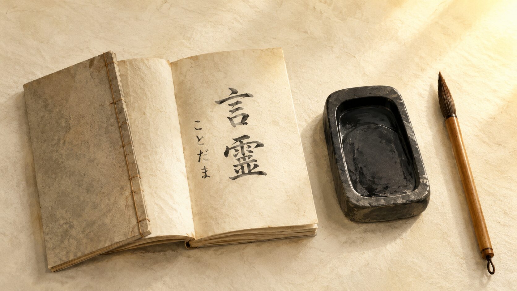 ivory washi 卓上に painterly な和綴じ古書一冊と石製の硯・墨の筆が静かに置かれた構図、朝の柔らかな光、古代日本人が言葉に込めた感覚を象徴