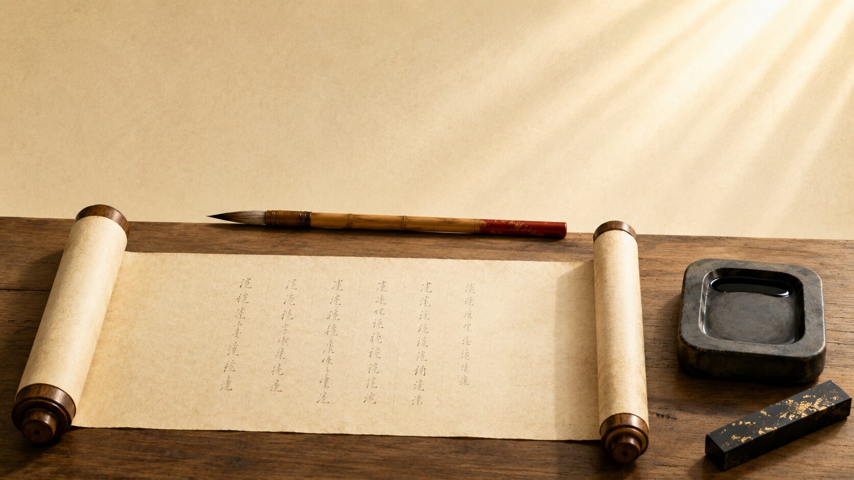 ivory washi 背景に painterly な和紙の巻物と朱筆、硯と墨が並ぶ平安時代の学者の文房具の静物構図、菅原道真の学者・詩人としての姿を象徴