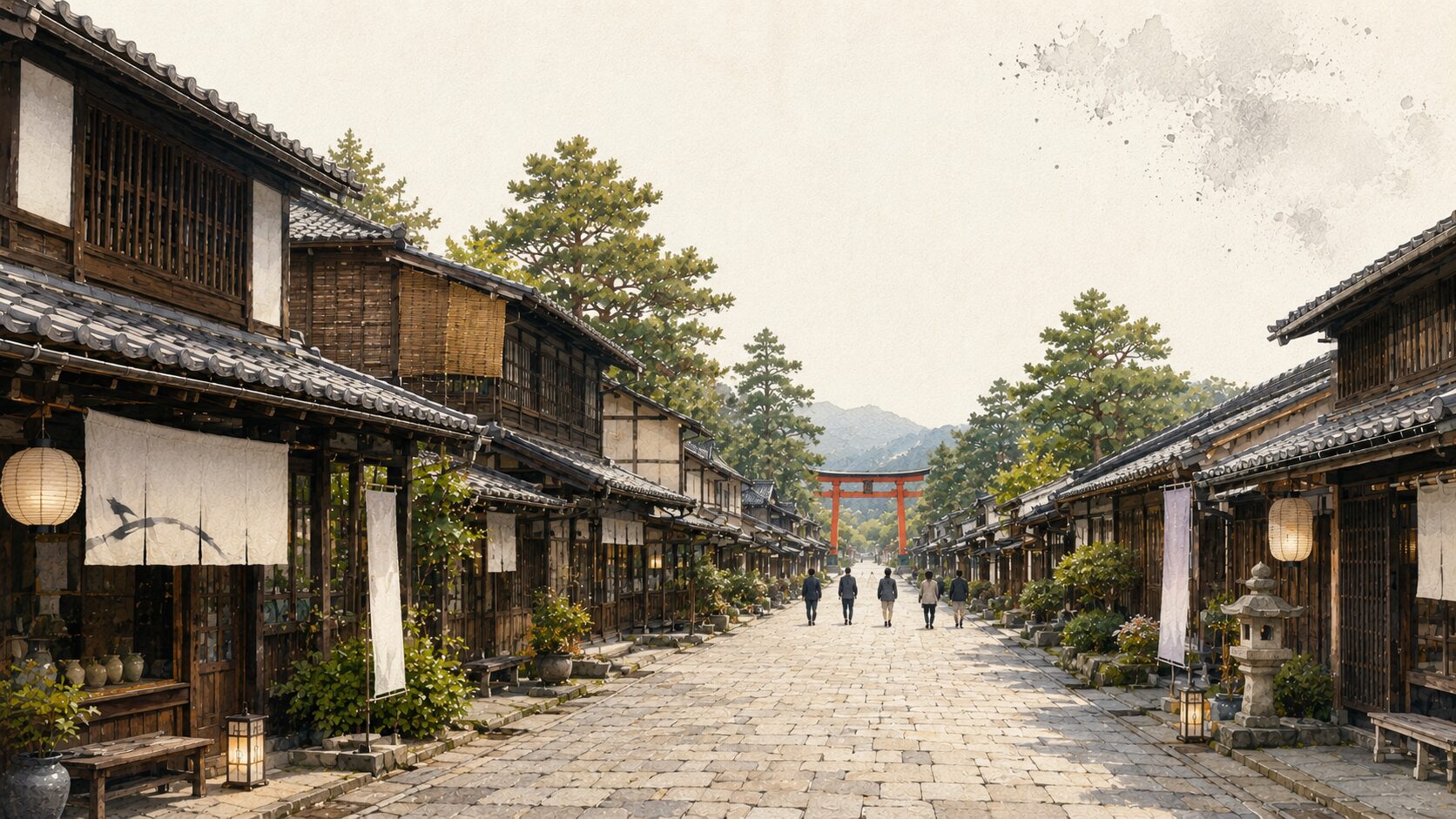 ivory washi 背景に painterly な門前町参道の遠景。手前から奥への石畳参道、両側に町家・茶屋が連なり、奥に朱色鳥居、背後の森。信仰が育てた門前町の世界観を象徴