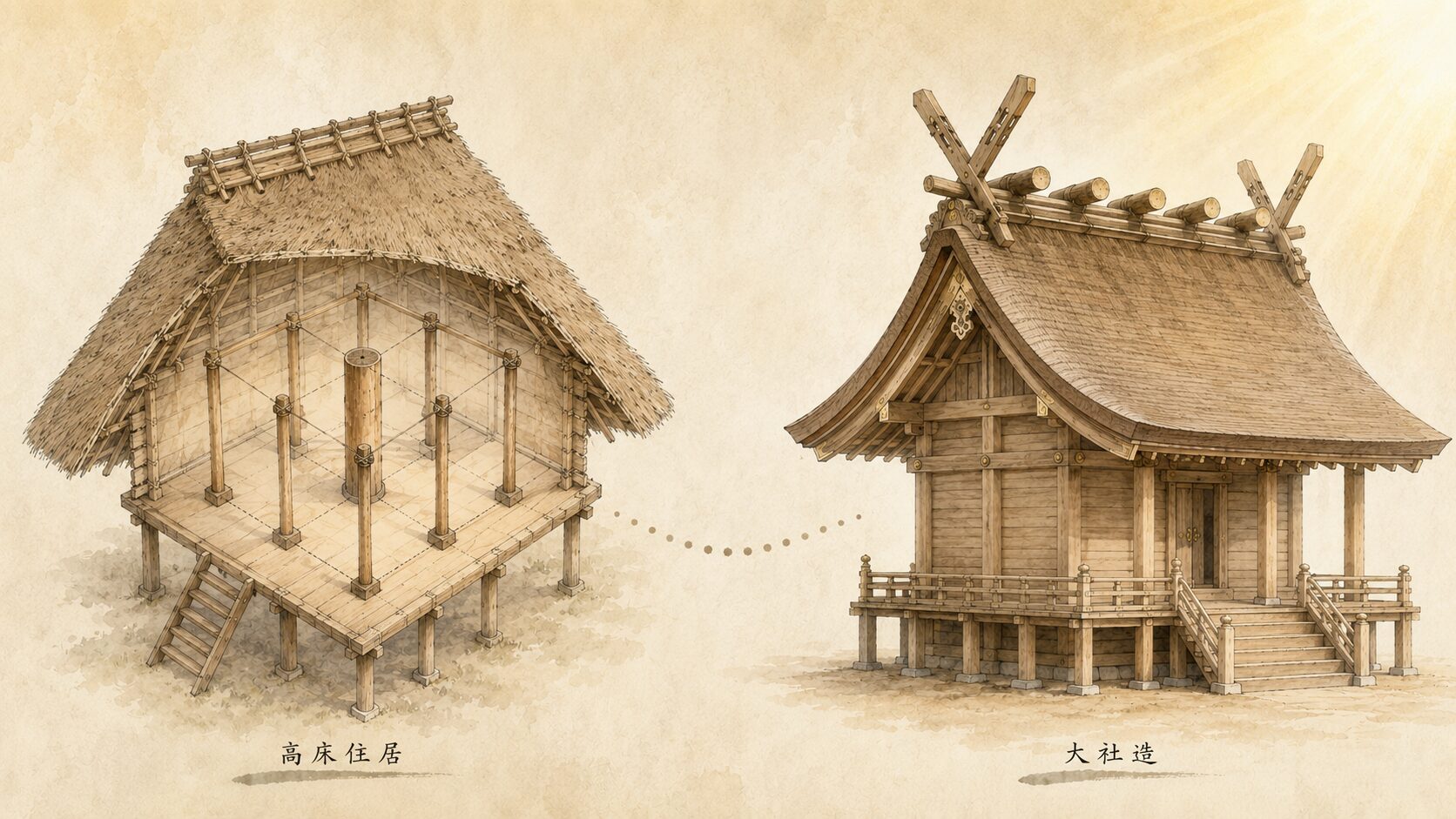 ivory washi 背景に painterly な弥生時代の高床住居(左・3×3柱配置)と大社造本殿(右・曲線屋根・妻入)の並列構図、中央に関連を示す painterly な点線、下に高床住居・大社造の墨書きラベル、起源との関連を象徴