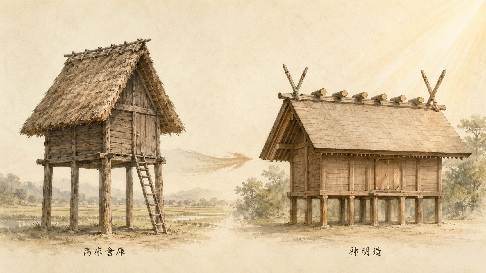 ivory washi 背景に painterly な弥生時代の高床倉庫(左)と神明造本殿(右)の並列構図、中央に時間の流れを示す矢印的ニュアンス、下に高床倉庫・神明造の墨書きラベル、起源と発展を象徴