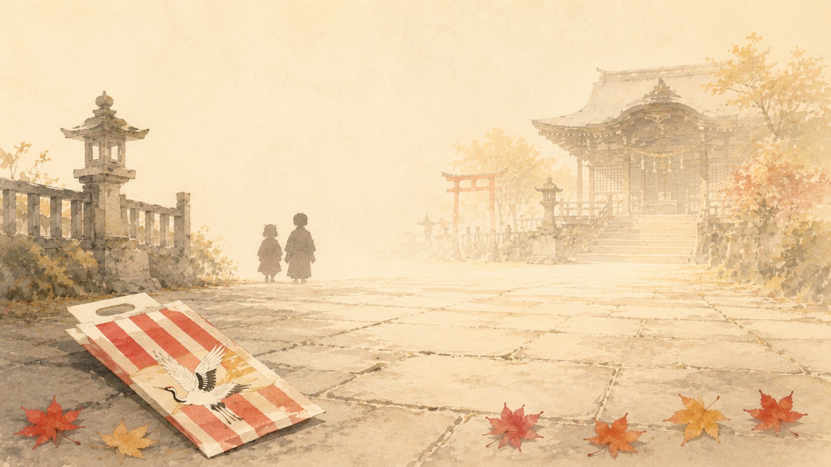11月の神社境内に painterly な秋の落ち葉と千歳飴の長袋、晴れ着姿の子どもの後ろ姿が小さく描かれた七五三の概観構図