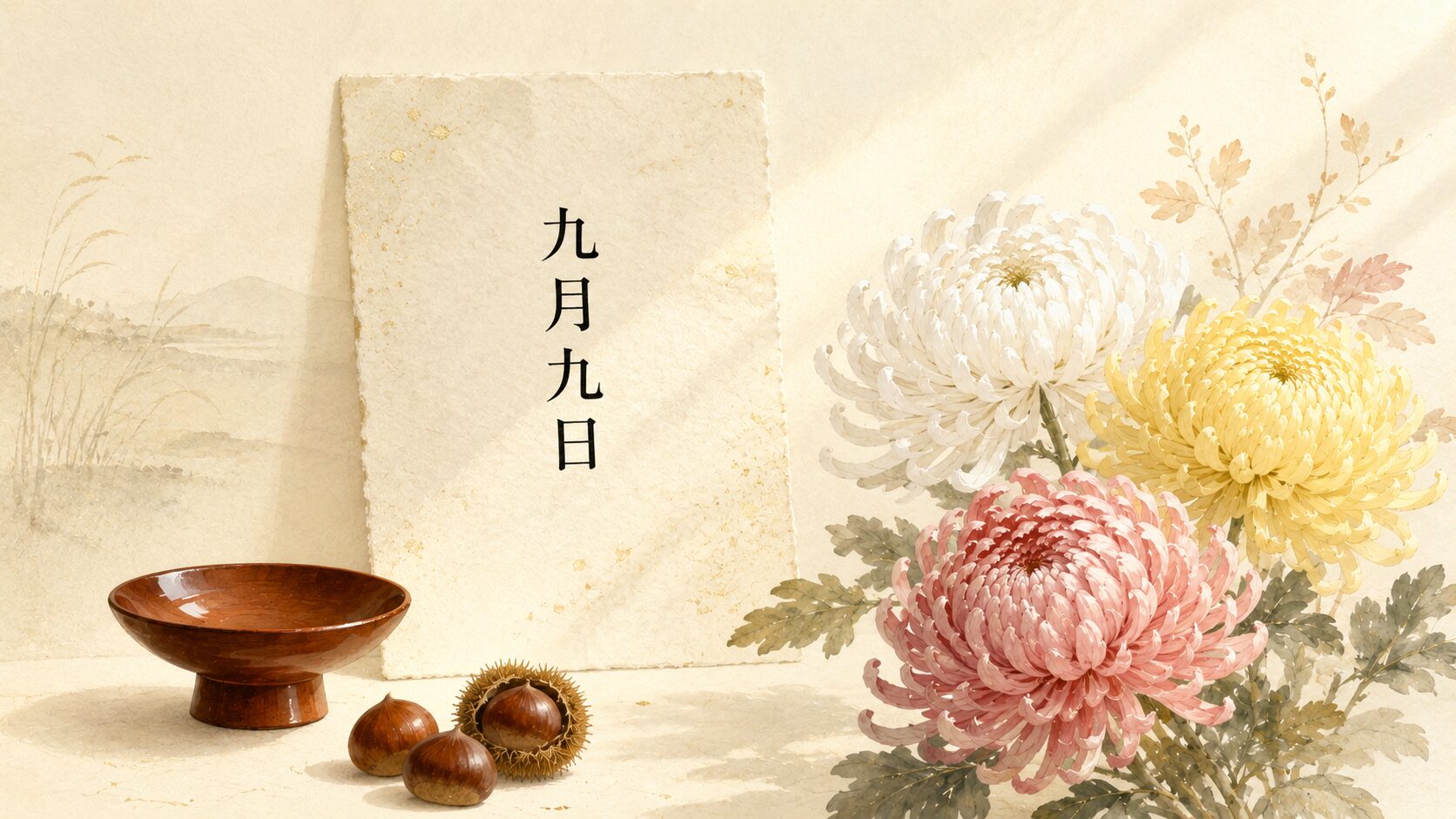 和暦の painterly な暦と中央に「九月九日」の文字、周辺に菊の花の static な静物が描かれた重陽の節句の概観構図