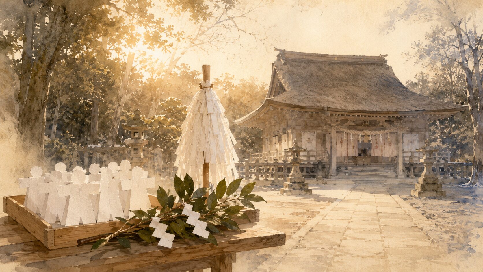 大晦日の神社境内、painterly な拝殿の前に大祓の式典準備が静かに整う構図、夕方の柔らかな光と冬の空気が感じられる