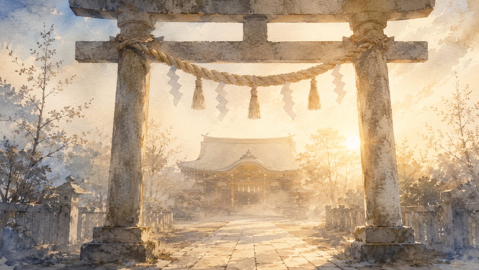 新年の神社境内、painterly な鳥居の脇に注連縄飾りと初日の出の柔らかな光、参道の奥に拝殿のシルエットが静かに佇む構図