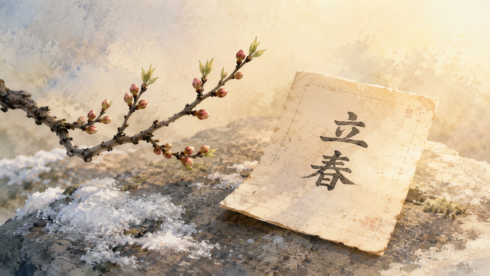 立春前日の早朝、painterly な雪解けの庭石と梅の小枝(蕾)、隣に painterly な古い和紙の暦のページが静かに置かれた構図、季節の節目を象徴