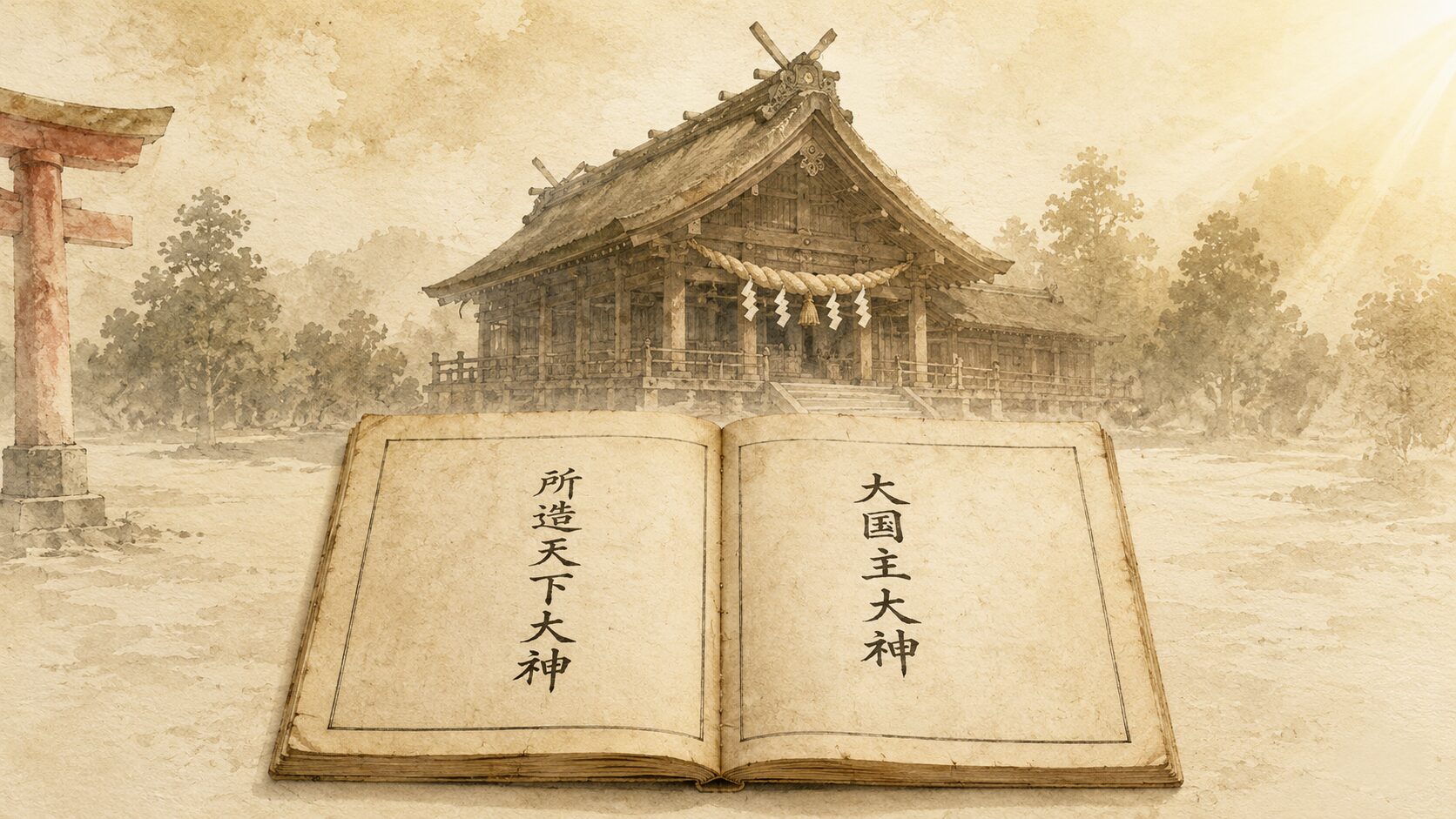 ivory washi 卓上に painterly な古事記の和綴じ古書一冊、奥に出雲大社の本殿のシルエットと注連縄、出雲神話の中心神としての大国主を象徴