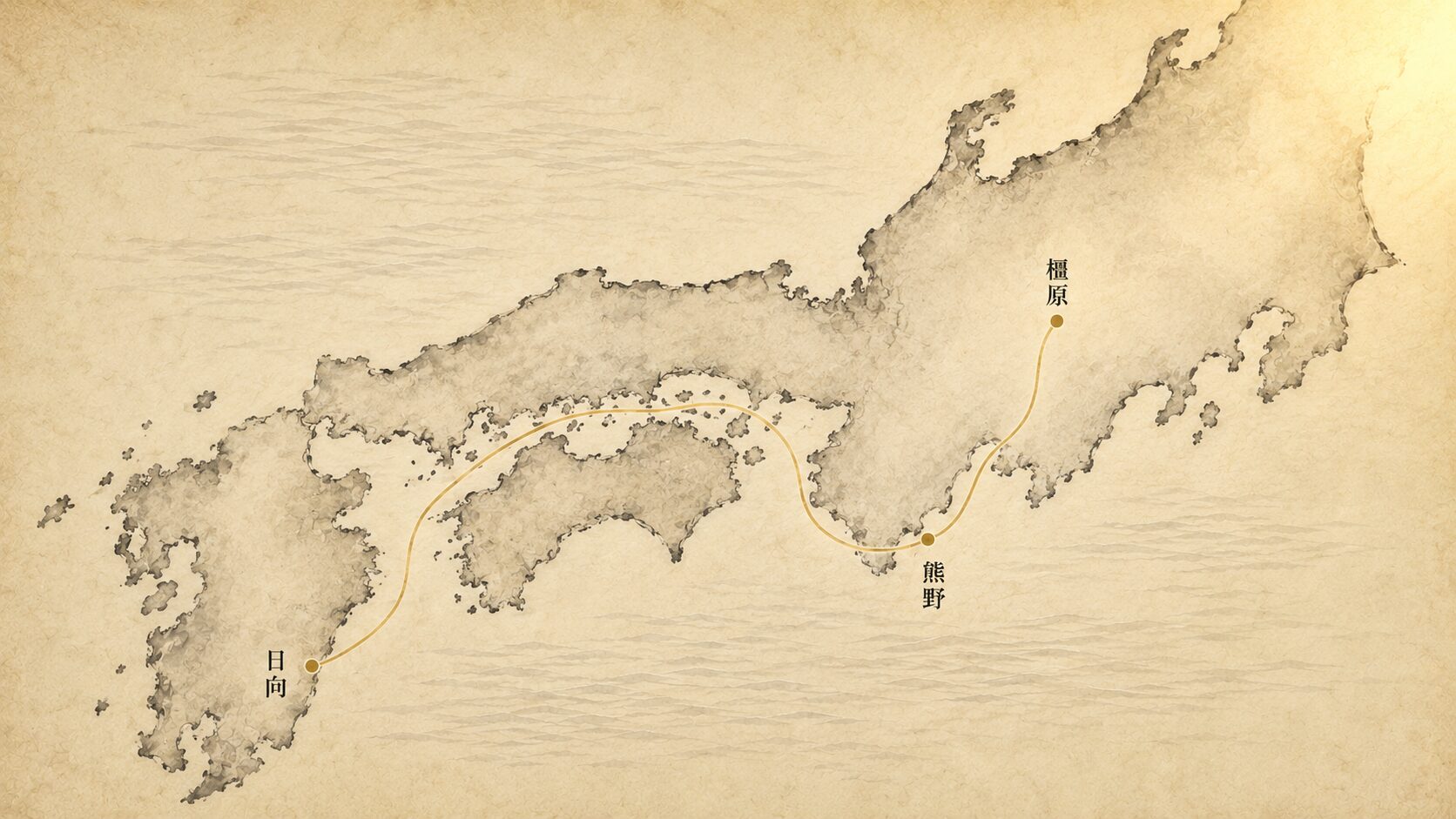 ivory washi 背景に painterly な古地図風の日本列島(九州〜本州)が広がり、日向から大和への経路を示す細い金色の線が静かに描かれた構図、神武東征の概観を象徴