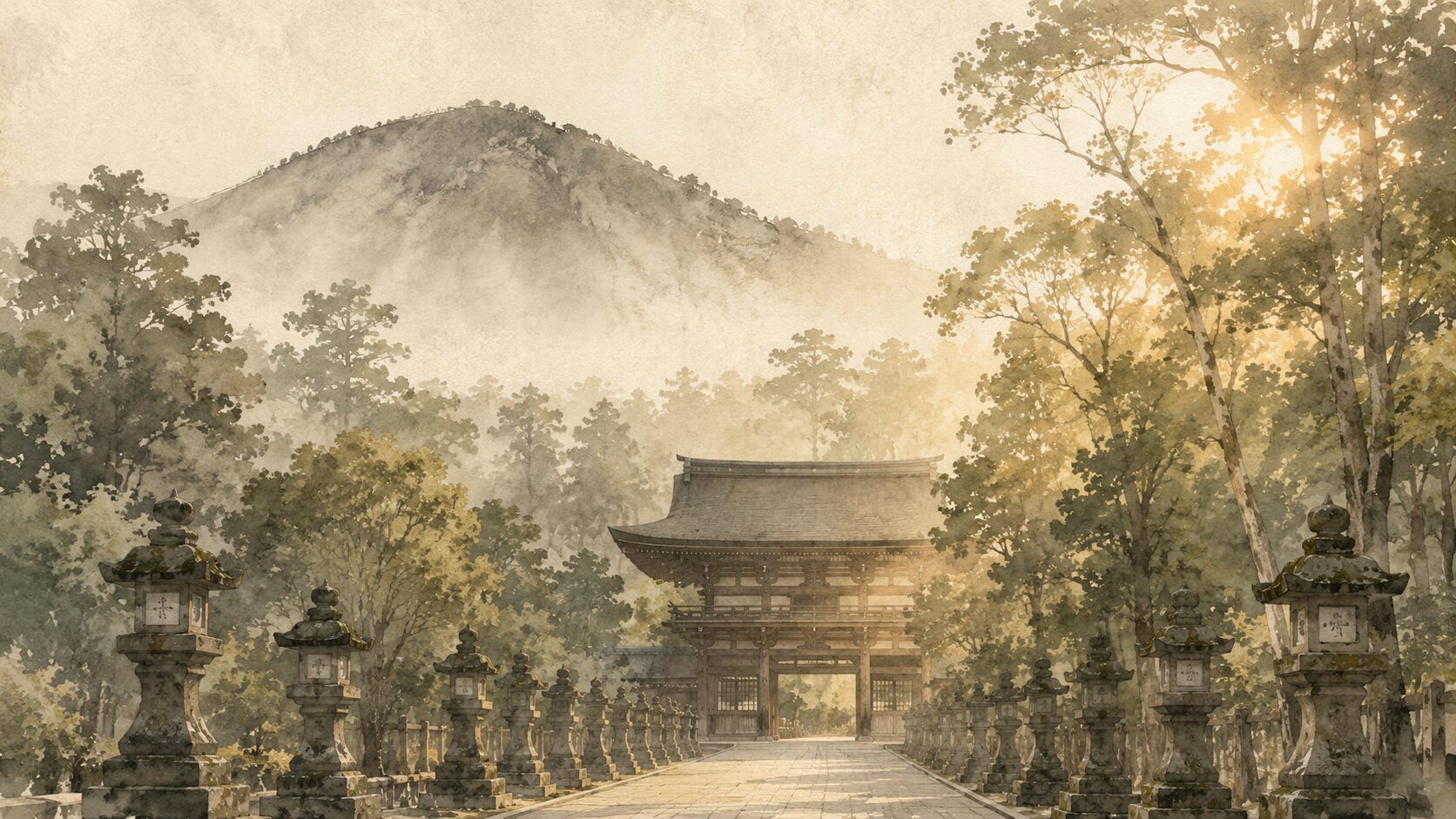 ivory washi 背景に painterly な御蓋山と奈良公園、朝の光が差し込む春日大社の表参道入口と楼門のシルエット、神社の全景を象徴する構図