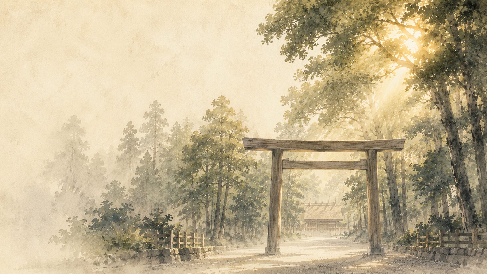 ivory washi 背景に painterly な熱田神宮の杜と一の鳥居、奥に神明造本宮のシルエット、朝の光が差し込む構図、神宮の全景を象徴する画像